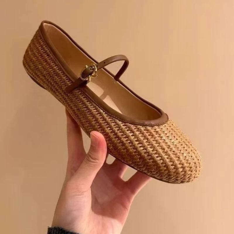 Spring Summer 2025 New Style Shoes Weaving Hollow Out Design Sandals Square Toe Buckle Strap Flats Shoes Women