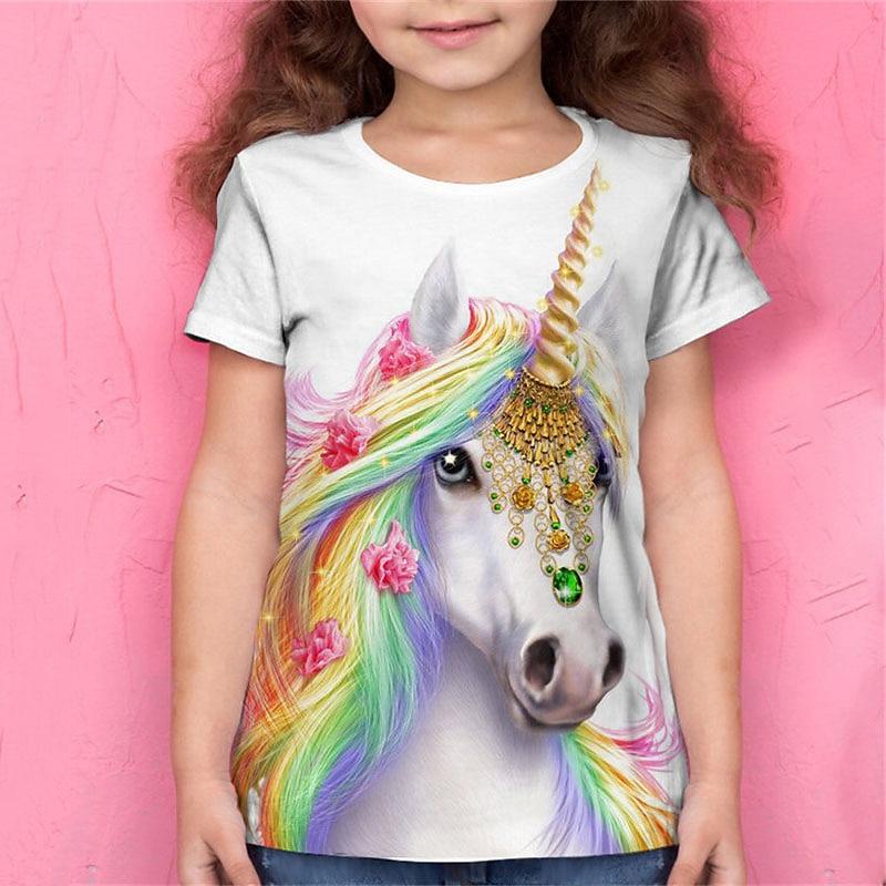 

Girls 3D Animal Unicorn T shirt Short Sleeve 3D Print Summer Spring Active Fashion Cute Kids 3-12 Years Outdoor Daily Regular Fit 110cm