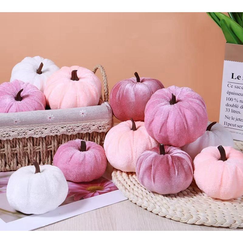 12pcs/set Velvet Plush Pumpkin Set Pink Simulated Decor for Halloween Christmas Velour Decorative Models Decorative Supplies