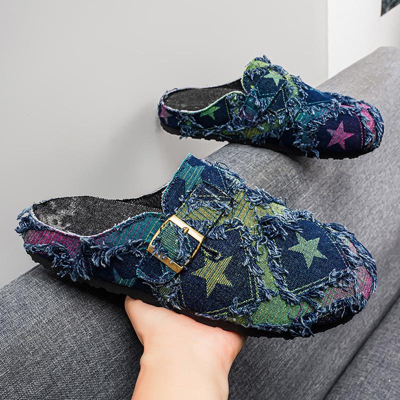 Men Denim Frayed Edge Closed Toe Soft Sole Slip On Outdoor Casual Summer Slippers