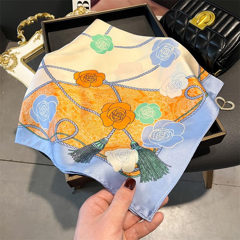Elegant Spring Floral Silk-Blend Square Scarf - Headscarf & Neck Protection Neckerchief for Women