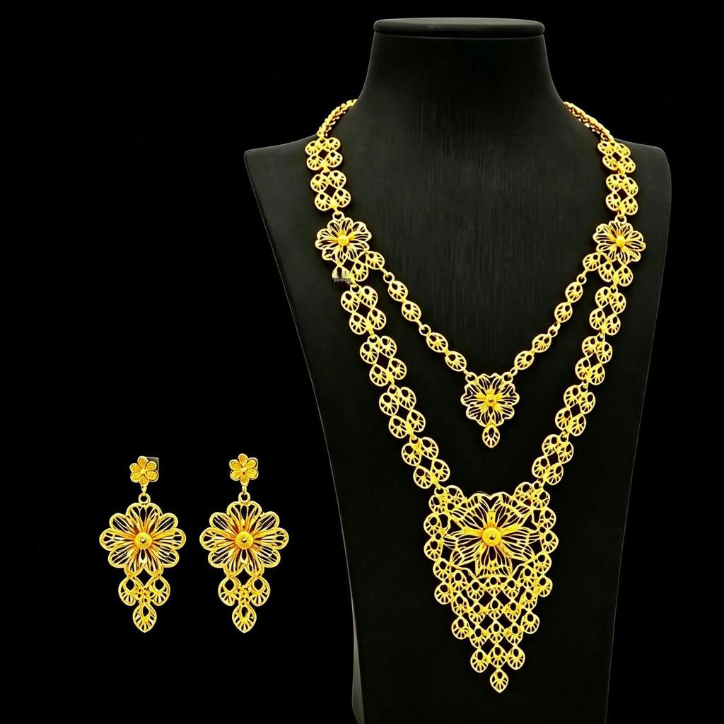 24k Vergoldetes Nahöstliches Brautschmuckset - Halskette & Langer Schmuck