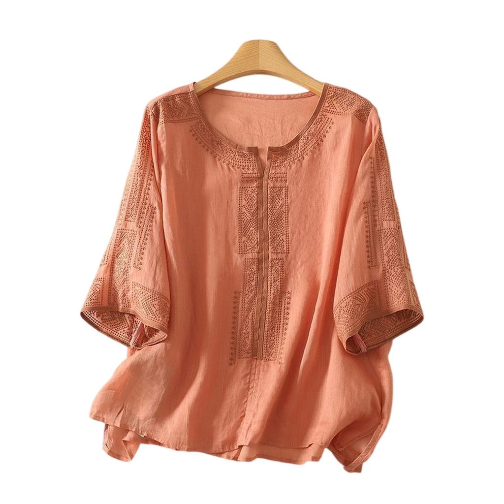 Fashionable Women's Cotton Linen Embroidered V-neck Short-sleeved T-shirt, Loose Summer Top