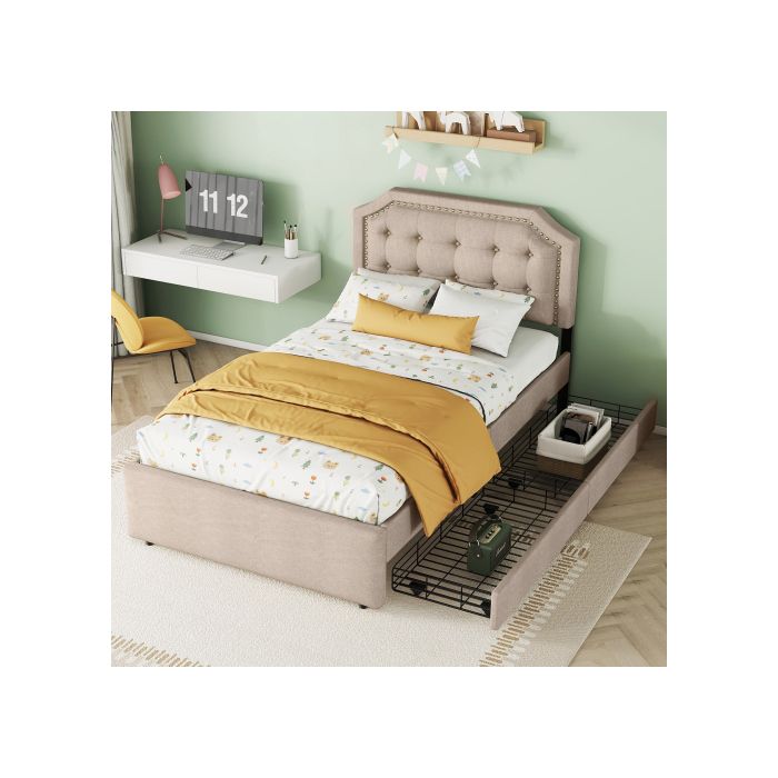 Lit - MUVOE - 90x200 Cm - Beige Foncé - Rembourré Avec Tiroirs - Design Élégant