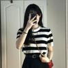 Fashion Knitted Short Sleeved Stripes Printed T-shirt Women's Sweater Summer Thin Elegant Loose Casual Simple Office Tops Ladies Hollow Out Shirts