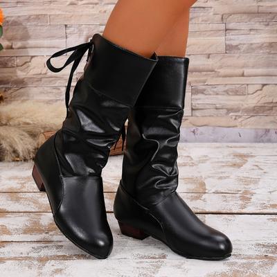 Mode Damen Vielseitige Stiefel Mid-Calf Schnürung hinten Niedrig Absatz Stiefel Klobiger Absatz Plateau Stiefel Damen Lange Westernschuhe Botas Mujer 2024
