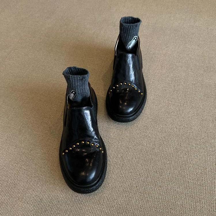 Sheepskin version~ British style small leather shoes women's leather thick-soled rivets one pedal deep loafers elastic single shoes