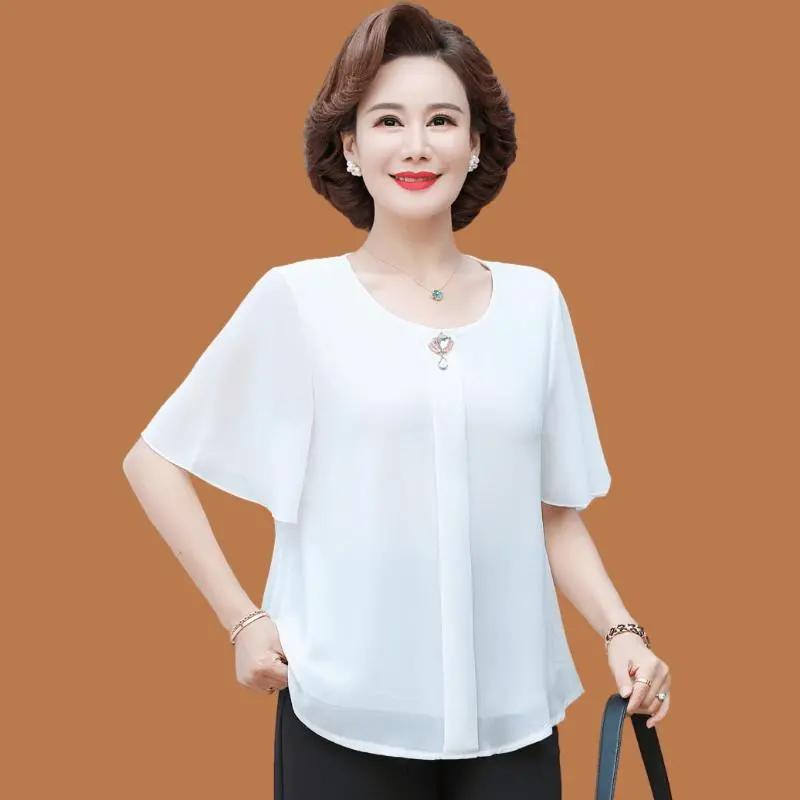 Women White Chiffon Round Neck Flutter Sleeve Casual Blouse