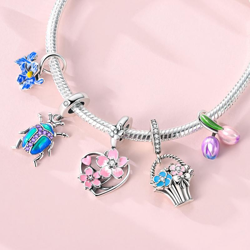 Spring Charms Beads Pendant Copper Flower Butterfly Dragonfly Mushroom Charms Fit Bracelet Woman Man Diy Jewelry