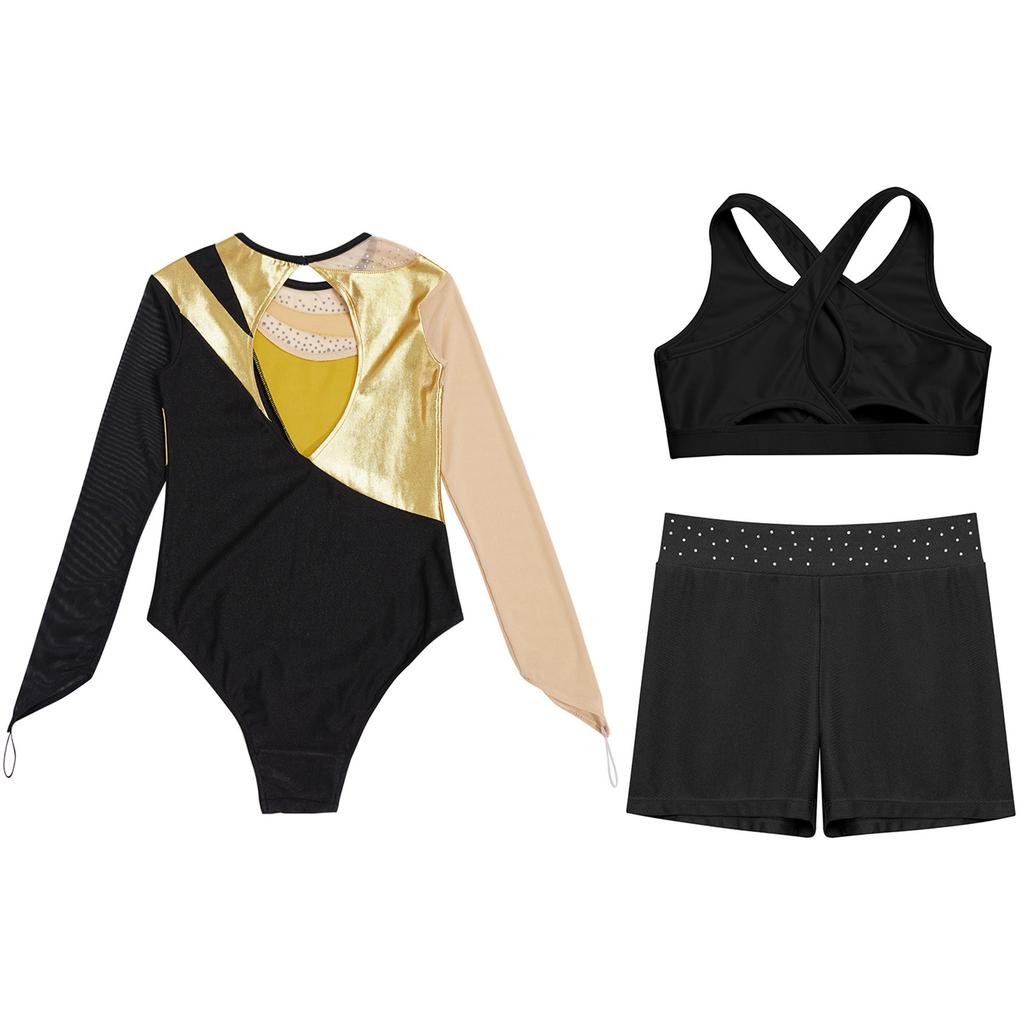 Gymnastics Leotard for Girls Kids with Shorts Long Sleeve Tumbling Ballet Dance Unitard with Active Vest
