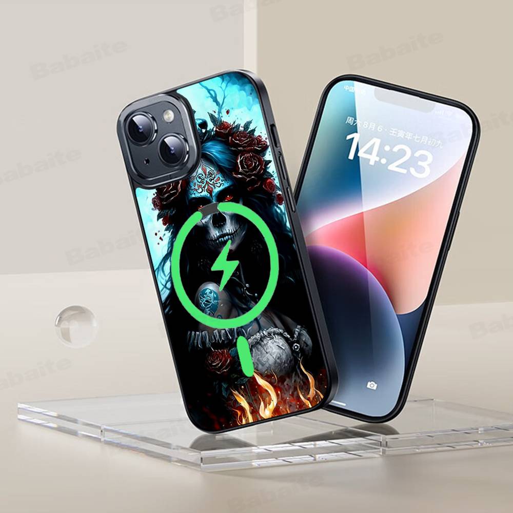 Catrina Beautiful Rose Girl Skull Phone Case Magnetic Case For iPhone 17 16 15 14 13 12 11 For Magsafe Wireless Charge Cover