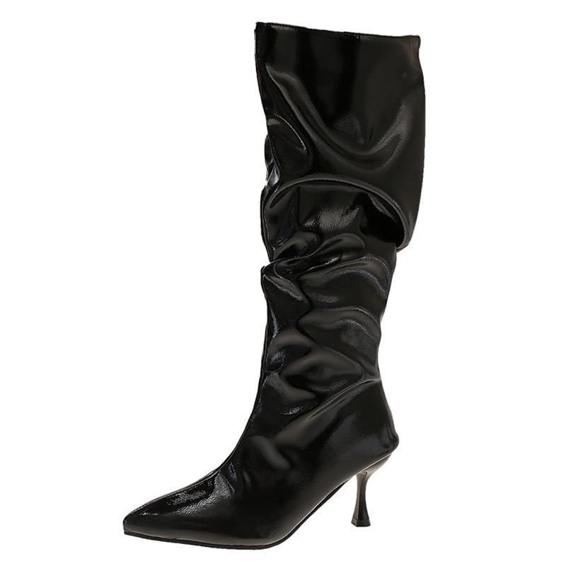 Große Größe High Heel Aber Knielange Stiefel Damen Europäischer und Amerikanischer Stil Spitzer Absatz Feiner Absatz Gefaltete Stiefel Sexy Mode Stiefel