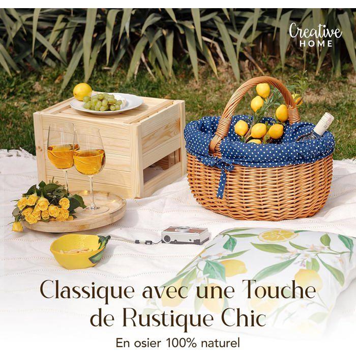 Panier pique-nique - CREATIVE HOME - Osier Pois Bleu Marine - 43x32x37 cm - Osier naturel - Ficelles amovibles