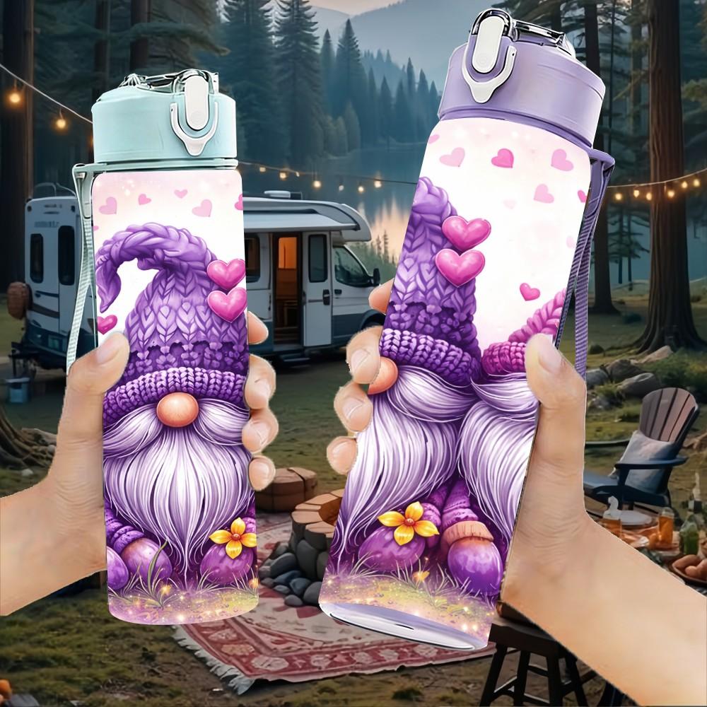 1PC Two Cute Purple Gnome Cartoon Print 750ml Color Plastic Sports Water Bottle Leakproof Flip Straw Lid Suitable for Sports Office Home Use