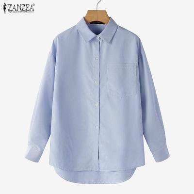 Women Casual Turn Down Collar Long Sleeve Loose Stripe Blouse