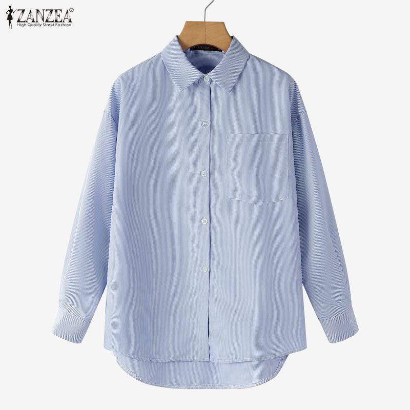 ZANZEA Women Casual Turn Down Collar Long Sleeve Loose Stripe Blouse