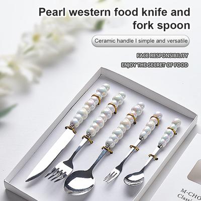 3/5 Pcs Ceramic Handle Knife Fork Spoon Set Stainless Steel Cutlery Set Western Knife Gift Box Household Kitchen Supplies