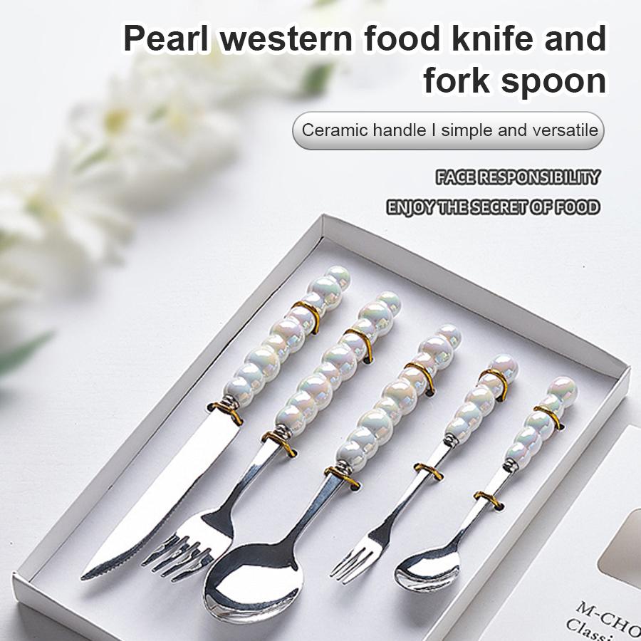 3/5 Pcs Ceramic Handle Knife Fork Spoon Set Stainless Steel Cutlery Set Western Knife Gift Box Household Kitchen Supplies