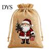 Santa Claus Snowman Reindeer Prints Christmas Jute Burlap Gift Bags, Drawstring Treat Candy Small Bags for Parties Bag, Reusable Linen Packaging Pouch