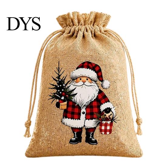 Santa Claus Snowman Reindeer Prints Christmas Jute Burlap Gift Bags, Drawstring Treat Candy Small Bags for Parties Bag, Reusable Linen Packaging Pouch