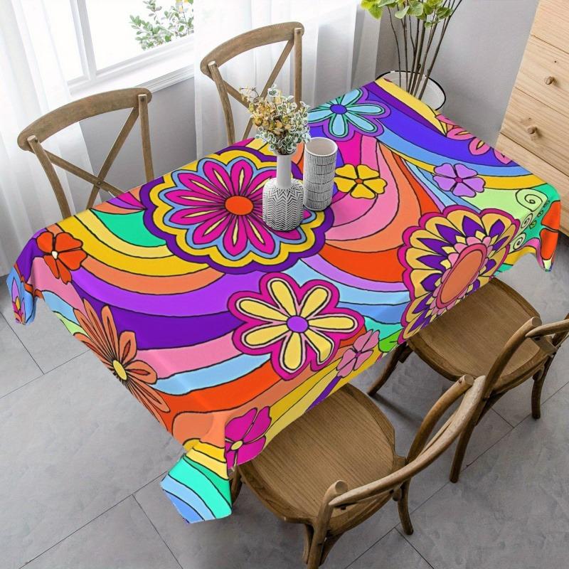 Flowers Rainbow Rectangle Table Cloth for Table Decor Holiday Party Waterproof Reusable Tablecloth for Tables Kitchen Dining