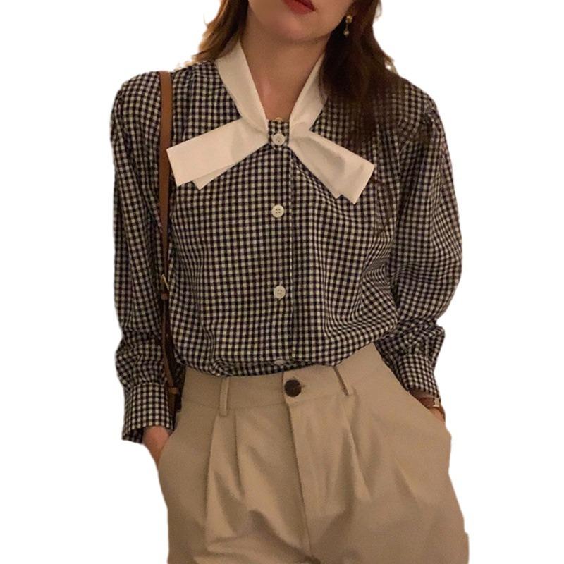Korean Chic 2025 Spring Retro Color Block Plaid Bow Stand-Up Collar Loose Long-Sleeve Shirt for Women