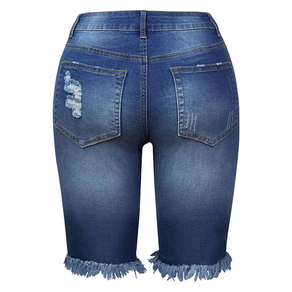 Plus Size Summer Denim Shorts Women Rhinestone Mid Waist Ripped Frayed Hem Tessles Stretchy Jean Shorts Women's Summer Shorts