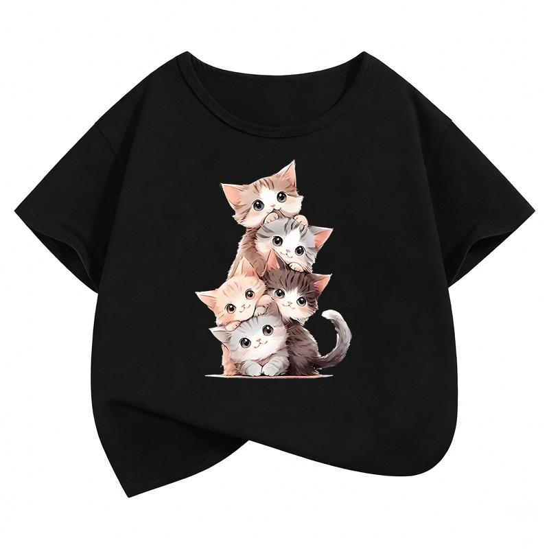 Lovely Cat Graphic Kids Tshirts Summer Short Sleeve Tees Cartoon Boys Girls Clothes Kawaii Kitten Tops Y2K Tshirt