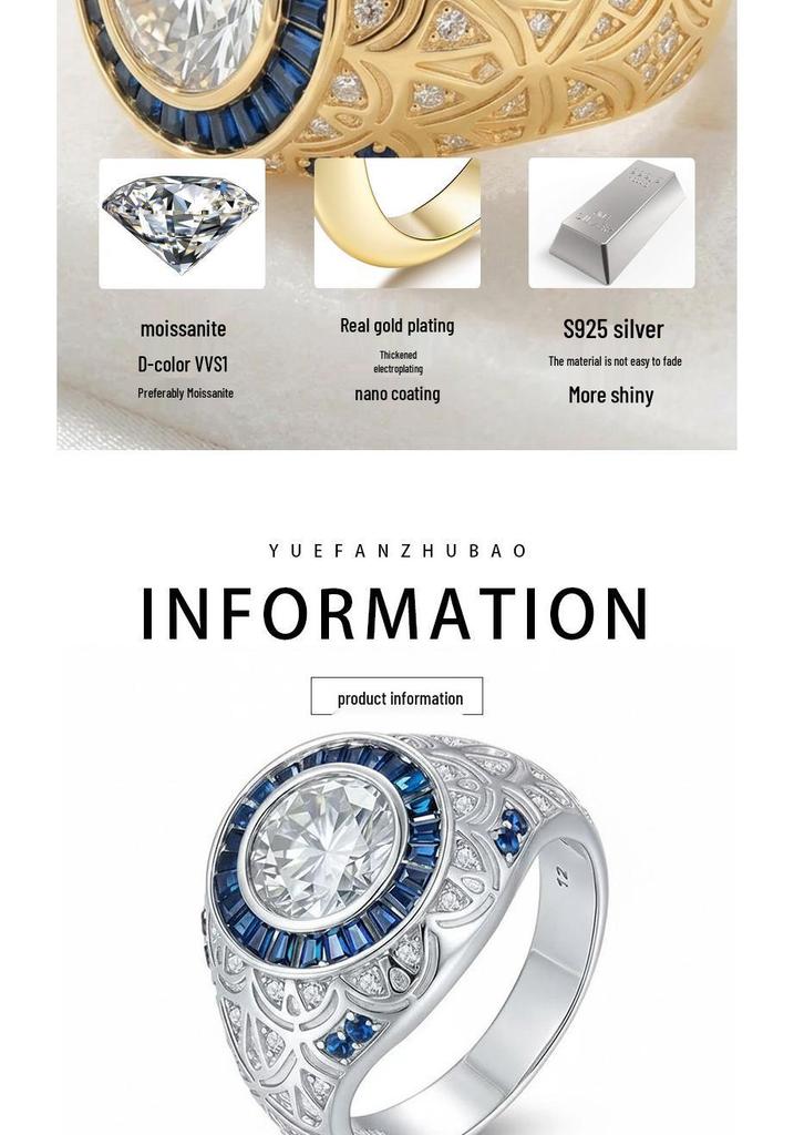 Men's Retro Hip Hop Moissanite Ring - S925 Sterling Silver, 3 Carat Trendy Fashion Jewelry
