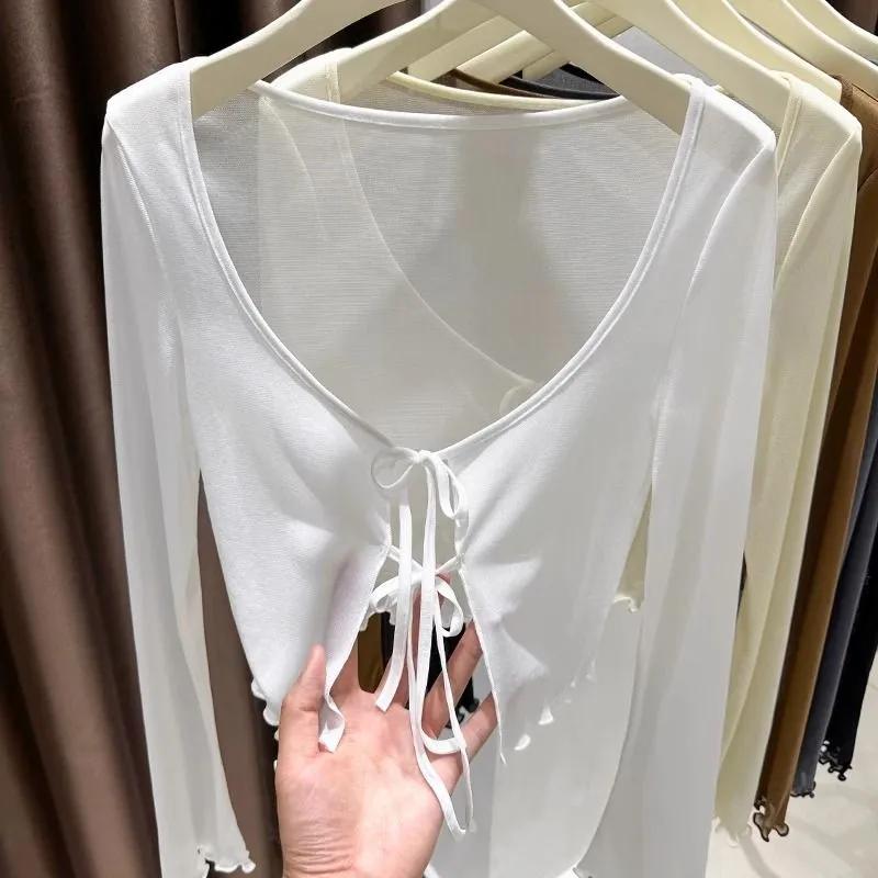 Damen V-Ausschnitt Krawattenfront Langarm Top Schmale Passform Lässig Einfarbig Bluse