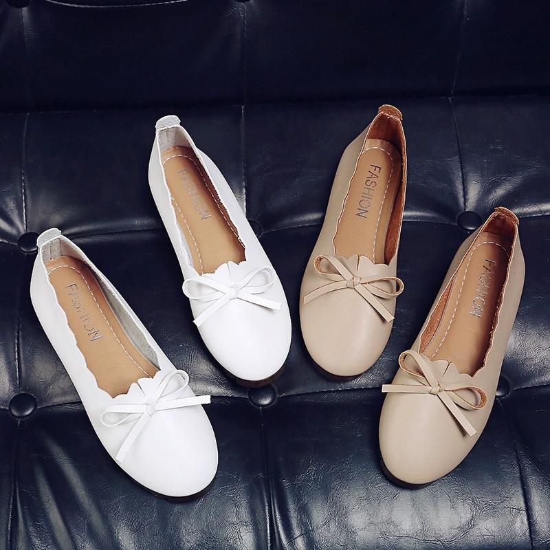 Flat Bottom Non-slip Comfortable Casual Nurse Doudou Shoes 2025 Autumn New Bow Beef Tendon Sole Shallow Mouth Single Shoes Women