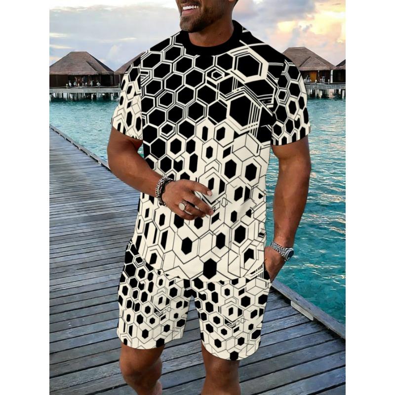 Men s Geometric Pattern T-shirt Shorts Set S