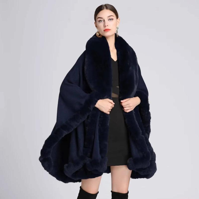 Cape en Fourrure Femme Vêtements d'Hiver Ponchos Épais et Chauds Châle Shawl Manteau Cardigan Longs Amples Manteaux