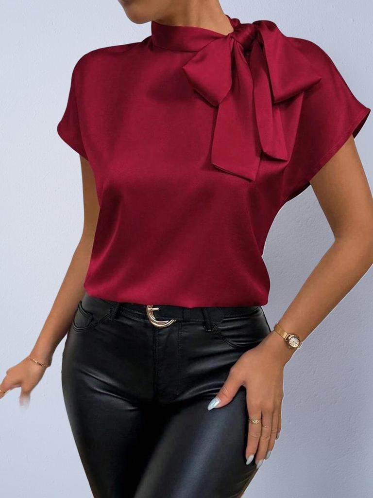 Herbst Satinschleifen-Oberteil - Damen Kurzarmhemd im europäischen & amerikanischen Stil