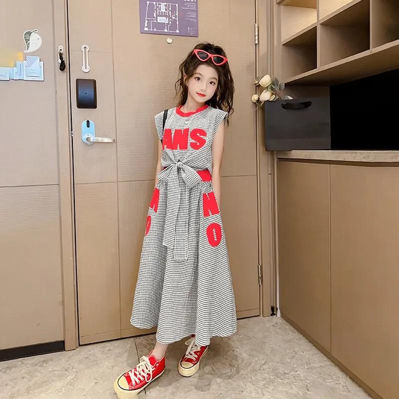 Sommer Set für Mädchen Mittel-Groß Kind Ärmellos Rundhals Pullover Oberteil + Rock Leichte Zweiteilige Garnitur