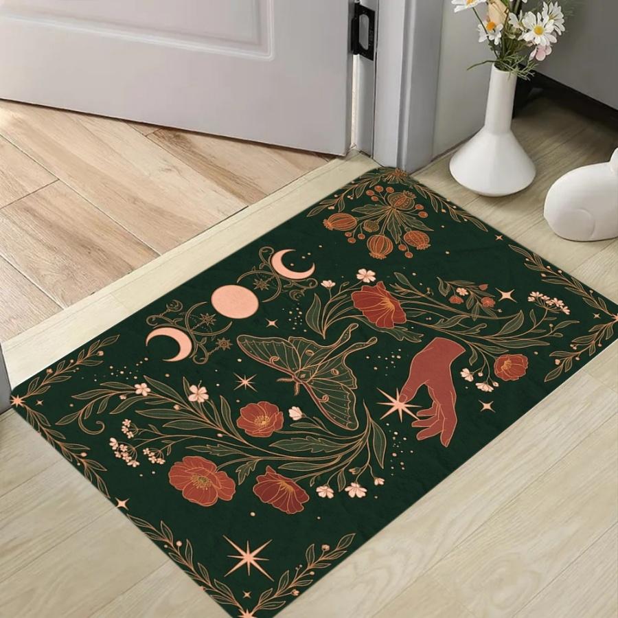 Vintage Astrology Moon Butterfly Area Rug Carpet, Non Slip Floor Mat, Black Based Gold Sun Moon Star Washable Doormat