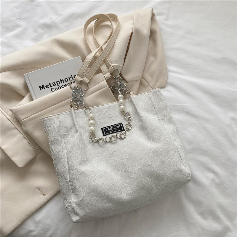 2025 New Spring and Summer Large Capacity Casual Shoulder Bag Pearl Chain Large Bag Trend Simple Foreign Textured Women's Bag