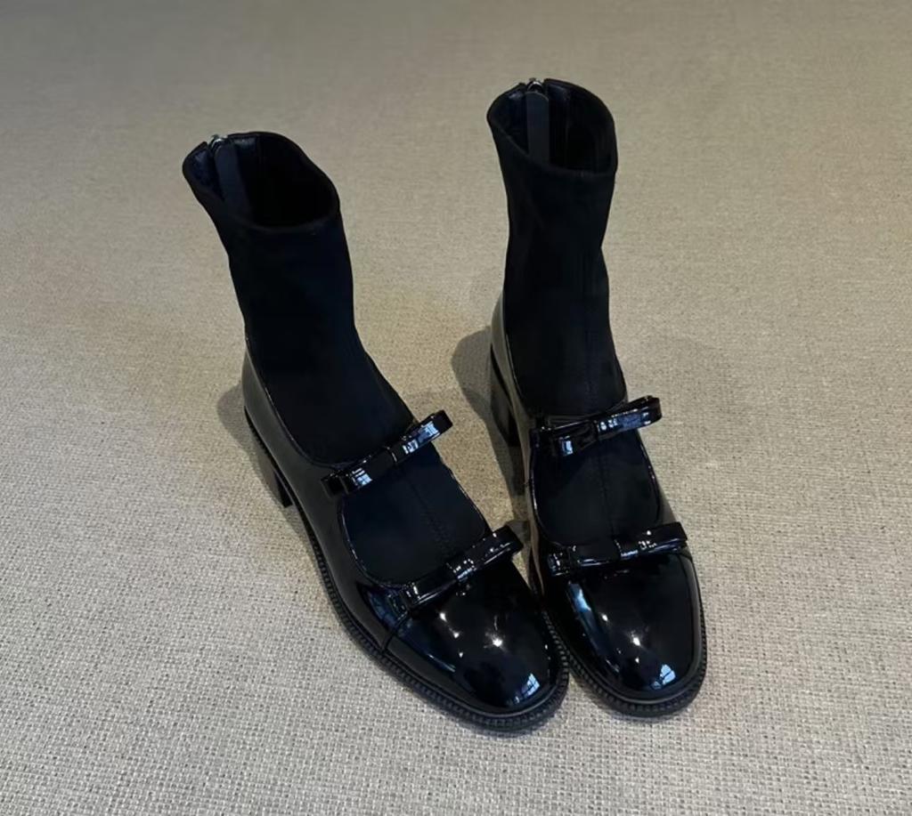 Sheepskin version elastic socks boots retro thin boots women's bow retro style thin high boots but knee boots