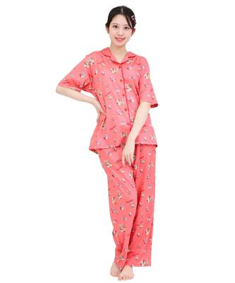 SAZAC Peach Side Hello Kitty Shirt Cotton Short Sleeve and Long Pants Loungewear Pajamas, 100% Broadcloth, Women's Set, (Red/L/SAN1949)