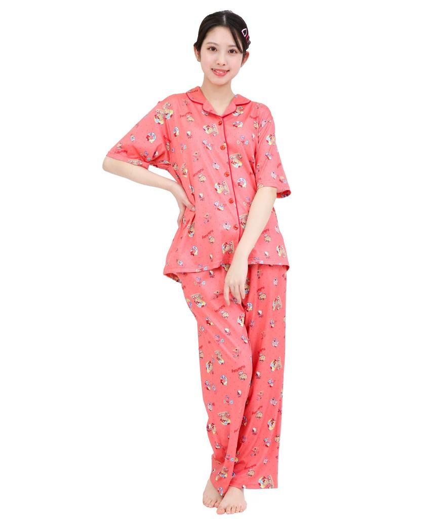 SAZAC Peach Side Hello Kitty Shirt Cotton Short Sleeve and Long Pants Loungewear Pajamas, 100% Broadcloth, Women's Set, (Red/L/SAN1949)