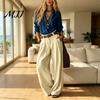 Women Two Piece Outfits Casual Set for Fall, V Neck Collared Shirt Anti Wrinkle Fall & Wide Leg Pants, Loose Fit Trousers Autumn