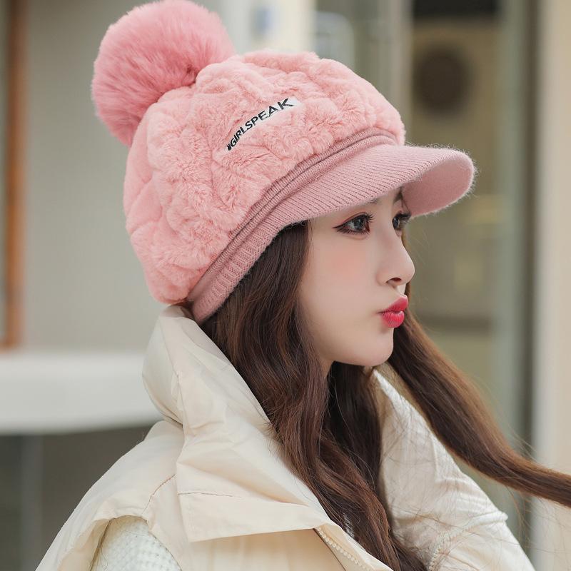 

Autumn and winter hats women s headgear cute hairball duck tongue knitted hat fleece ear protector warm wool hat Average size