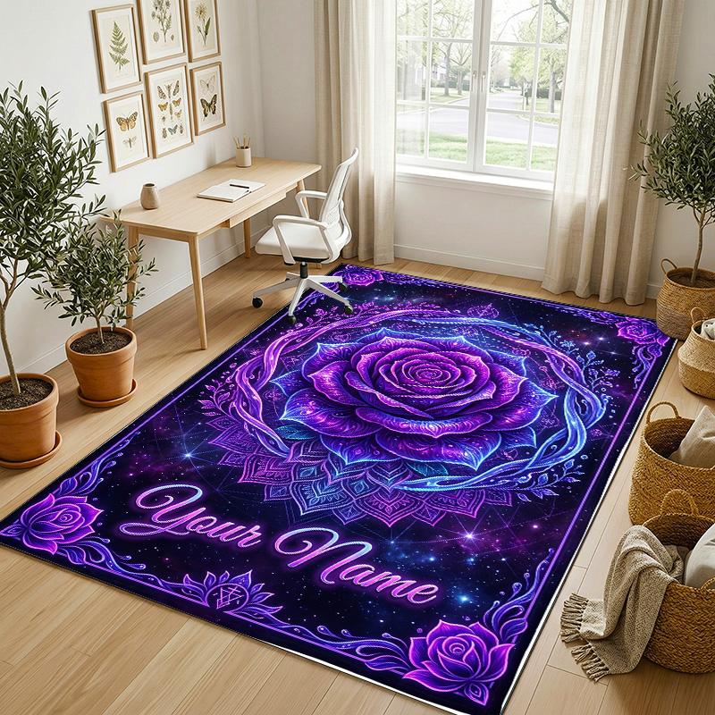 Purple Leopard Theme Soft Crystal Velvet Rug Custom Name & Text Print Non Slip Floor Rug for Bedroom Living Room