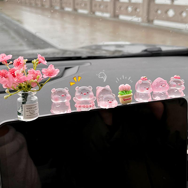 1 Set Cute Car Ornaments Cartoon Resin Piggy Model Car Center Console Decoration Auto Interior Dashboard Accessories