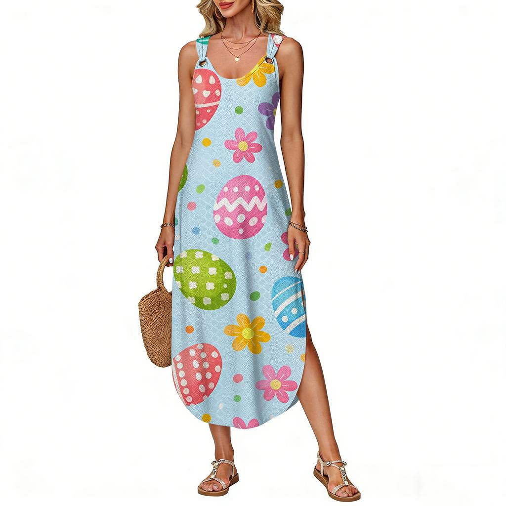 Robe d'été longue pour femme, sans manches avec fente latérale, longue robe débardeur imprimée pour Pâques