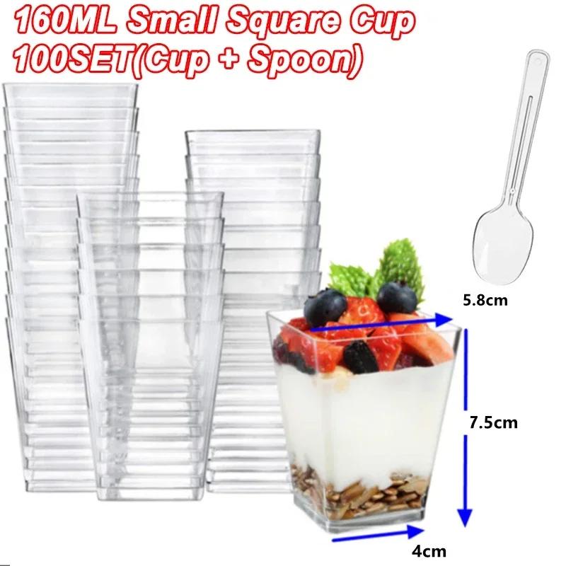 100PCS 40/20oz Mini Square Clear Plastic Dessert Cups Party with Small Plastic Dessert Cups Great for Desserts,pudding,mousse
