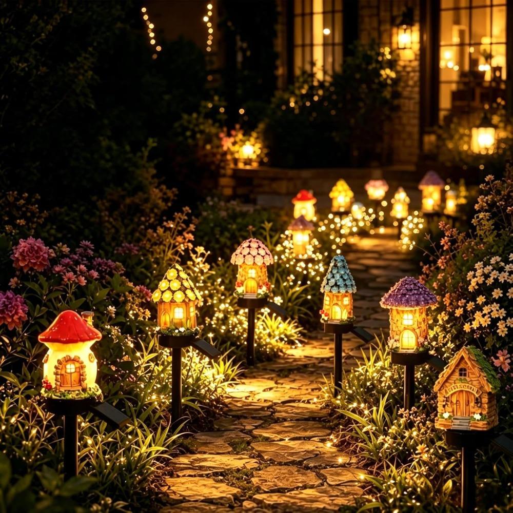 Solar Fairy Tale Mushroom House Lamp, Cottage Yard Garden Stake Light, Resin Mushroom House Ornament, Waterproof LED Mushroom House Statue Lamp