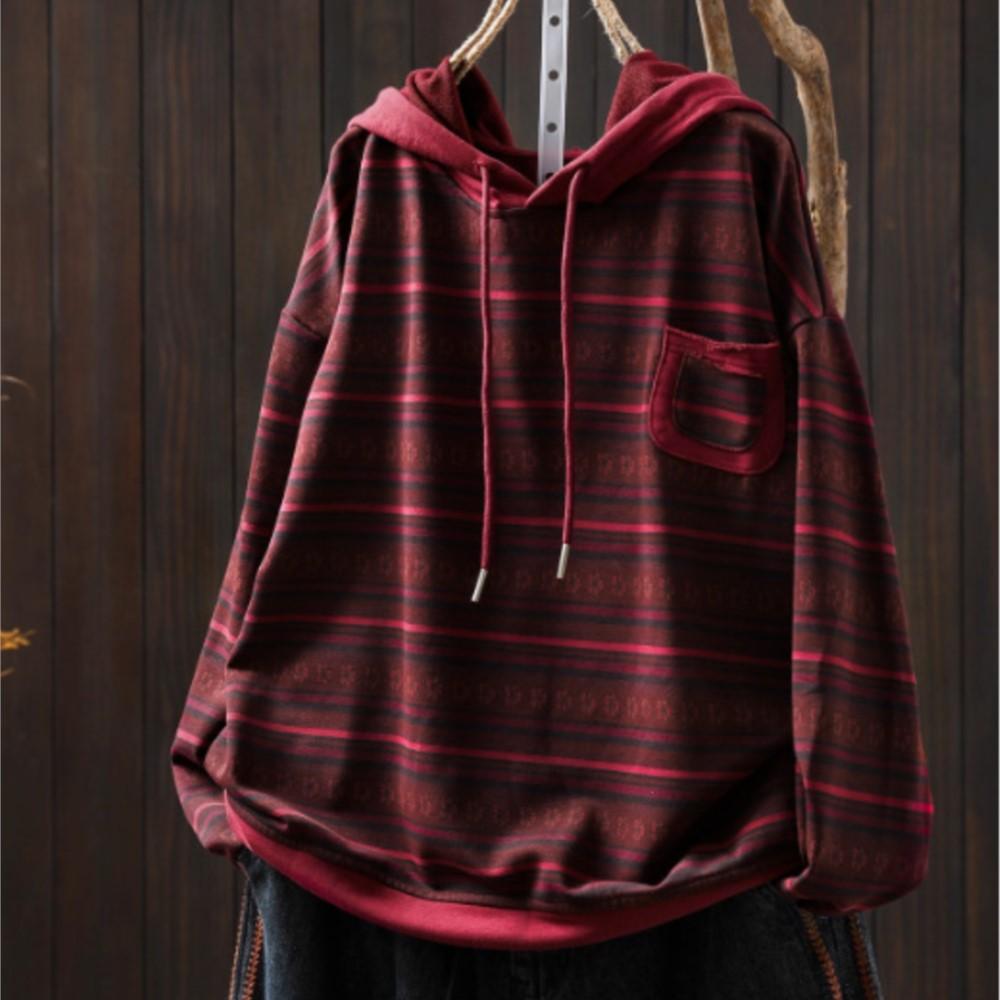 Johnature Women Pullover Hooded Striped Long Sleeve  Autumn Patchwork Pockets Casual Loose T-Shirts