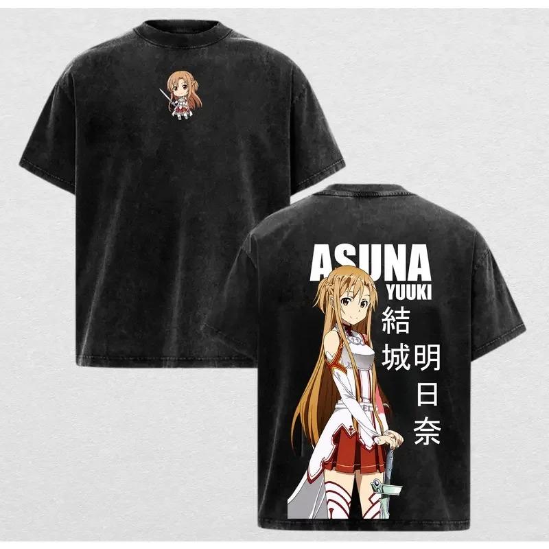 Manga Sword Art Online Asuna Kirito Printed Tee Men Women Clothing Washed Cotton T-shirt Vintage Casual T Shirt Harajuku Tshirt