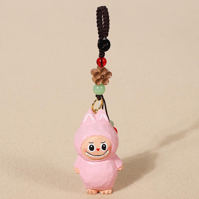 Handmade Wood Carving Rabub Car Keychain Pendant Female Cute Cartoon Bag Accessories